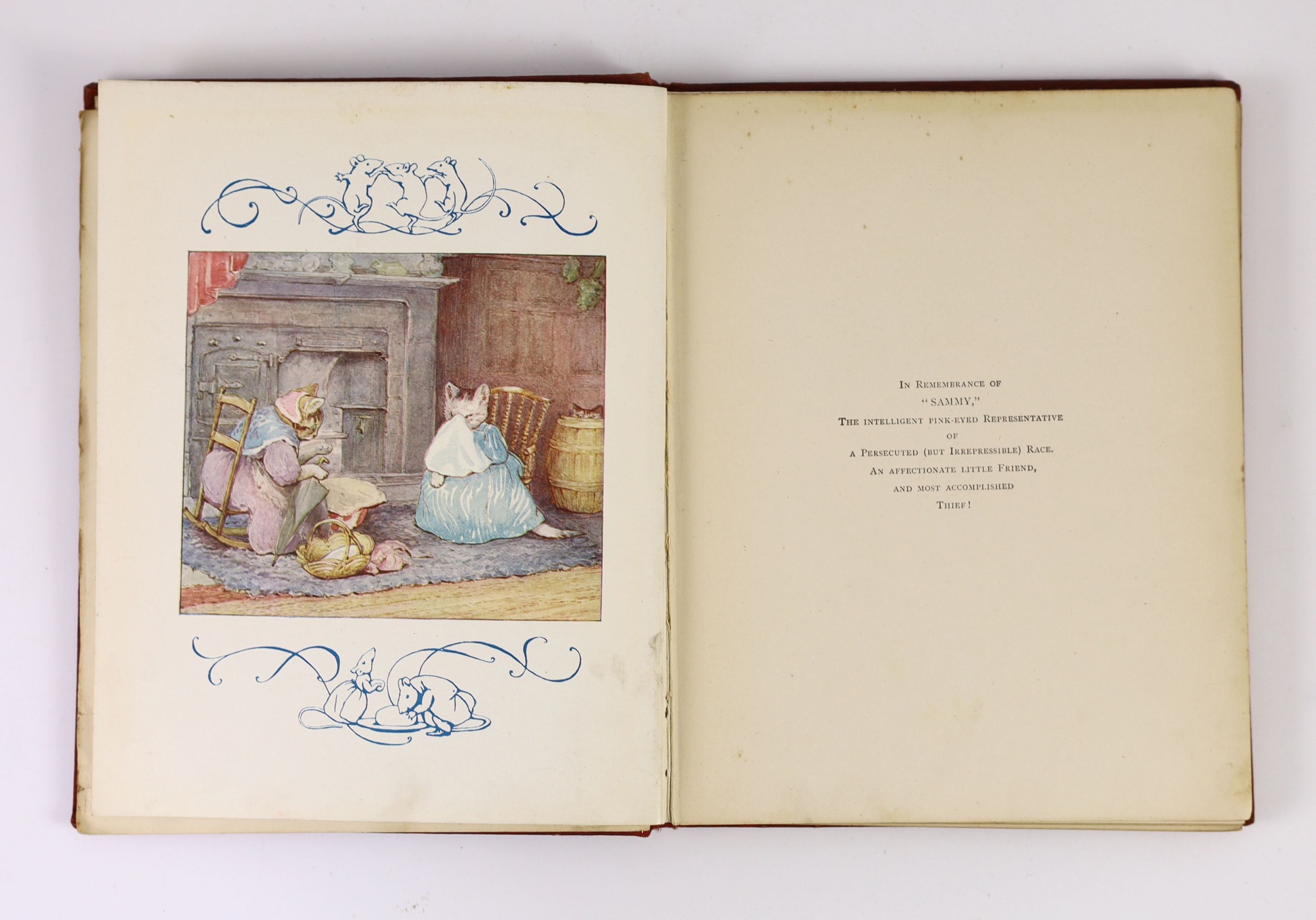 Potter, Beatrix - The Roly-Poly Pudding. First Edition (1st issue), coloured pictorial title, 18 full page coloured and num. text illus., half title; publisher's red cloth with coloured illus. mounted on upper board with